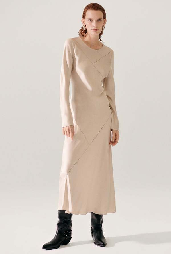 Silk Laundry Splice Full Sleeve Bias Dress - Hazelnut