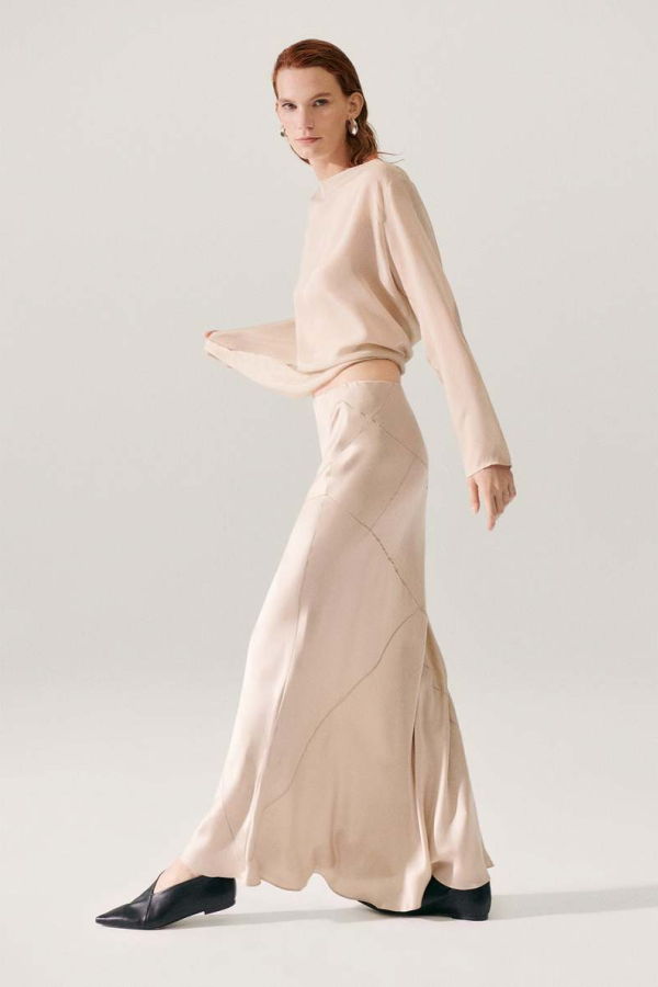 Silk Laundry Splice Long Bias Cut Skirt - Hazelnut