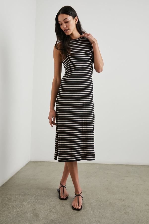 striped tank dress black white MO&Co. Noir Striped Linen Maxi Tank Dress - Distressed Collar main image 0