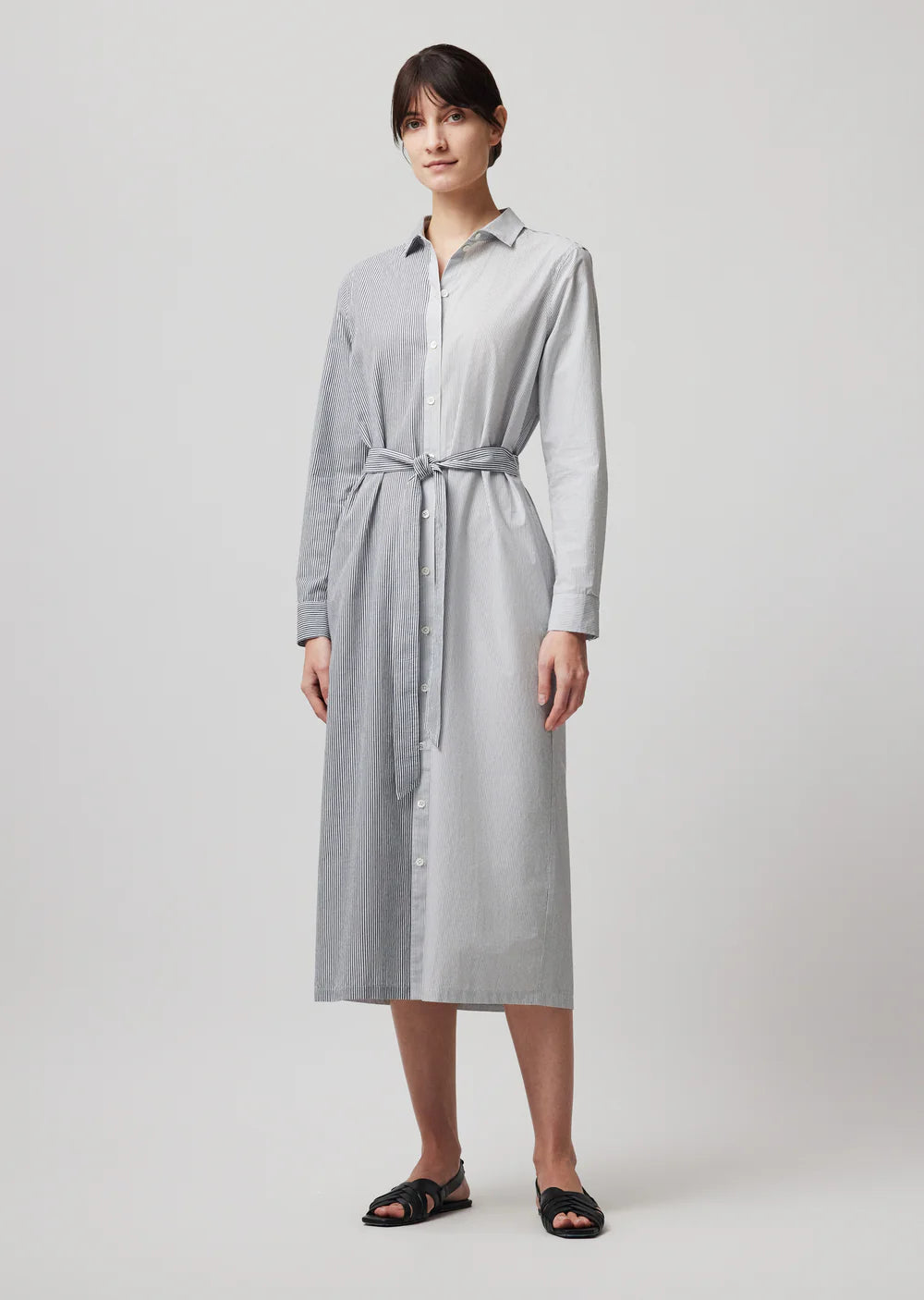 atm shirt dress ATM Mixed Stripe Shirting Belted Shirt Dress - Chalk/Ink