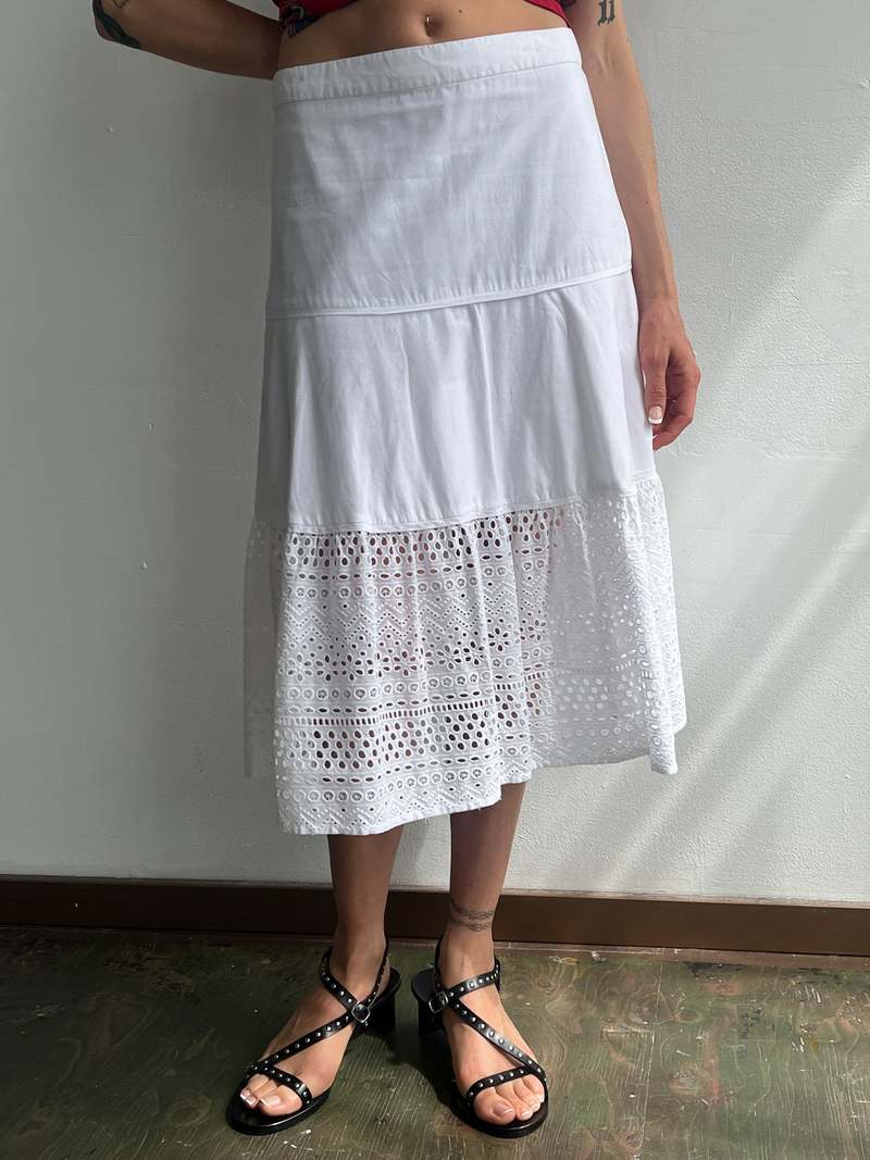 Vintage Cotton Tiered Eyelet Skirt - Bright White