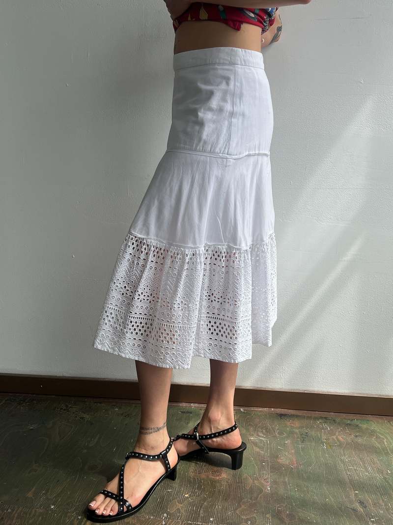 Vintage Cotton Tiered Eyelet Skirt - Bright White