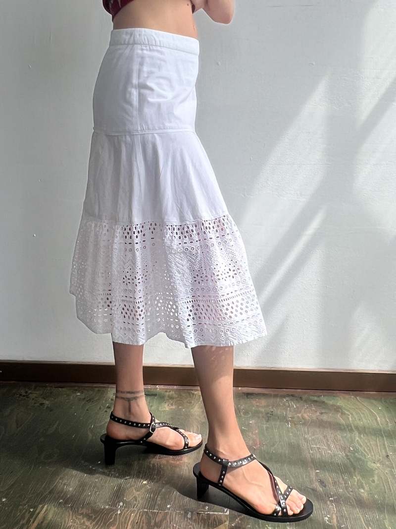 Vintage Cotton Tiered Eyelet Skirt - Bright White