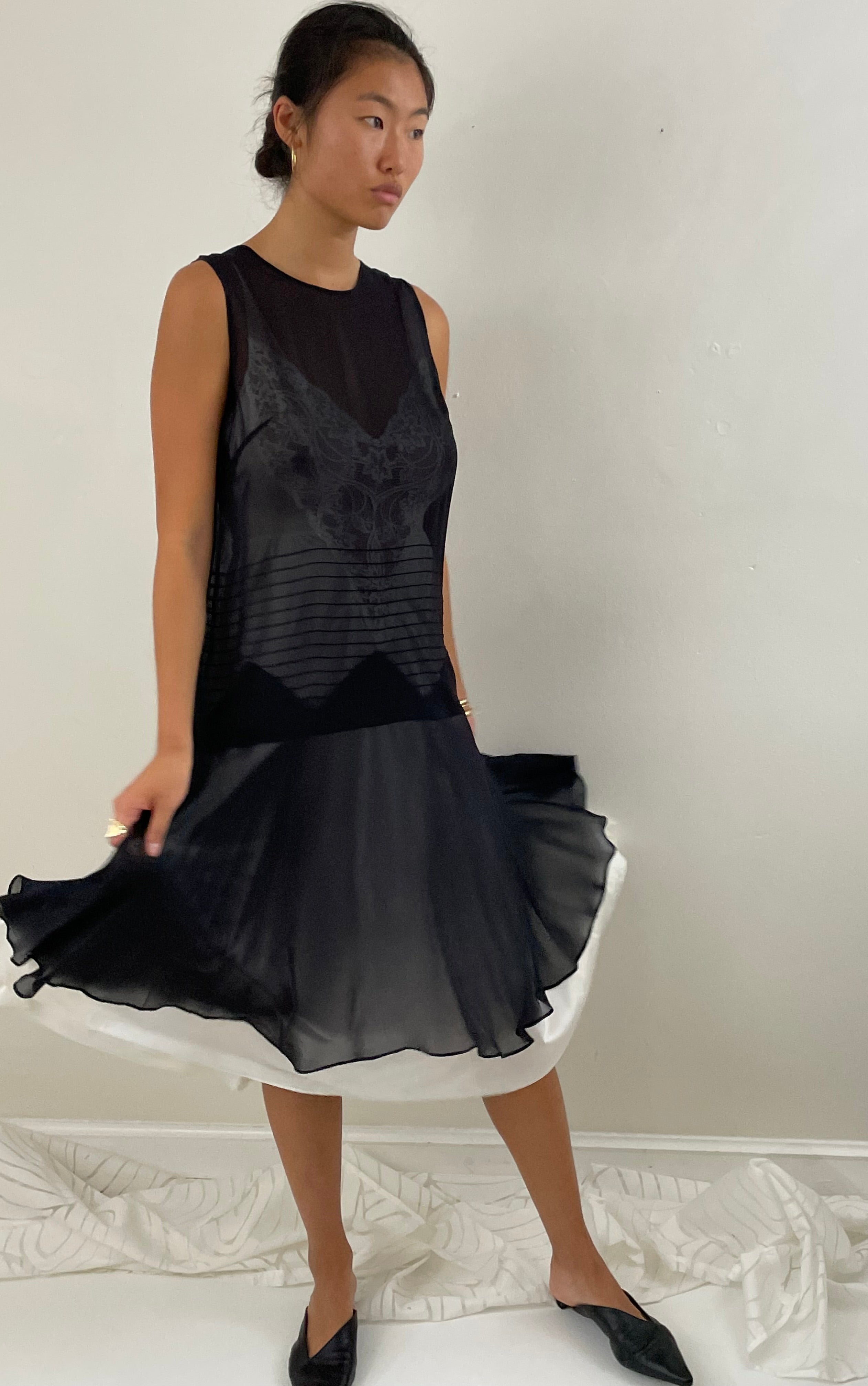 Vintage Sheer Silk Chiffon Cocktail Wedding Guest Drop Waist Dress - Black 