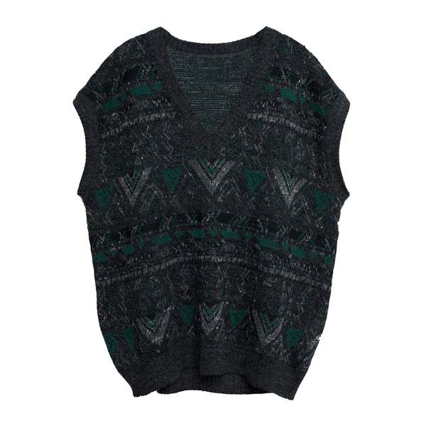 ? (West Germany) Jacquard Single Knit V-Neck Vest Emerald : XL