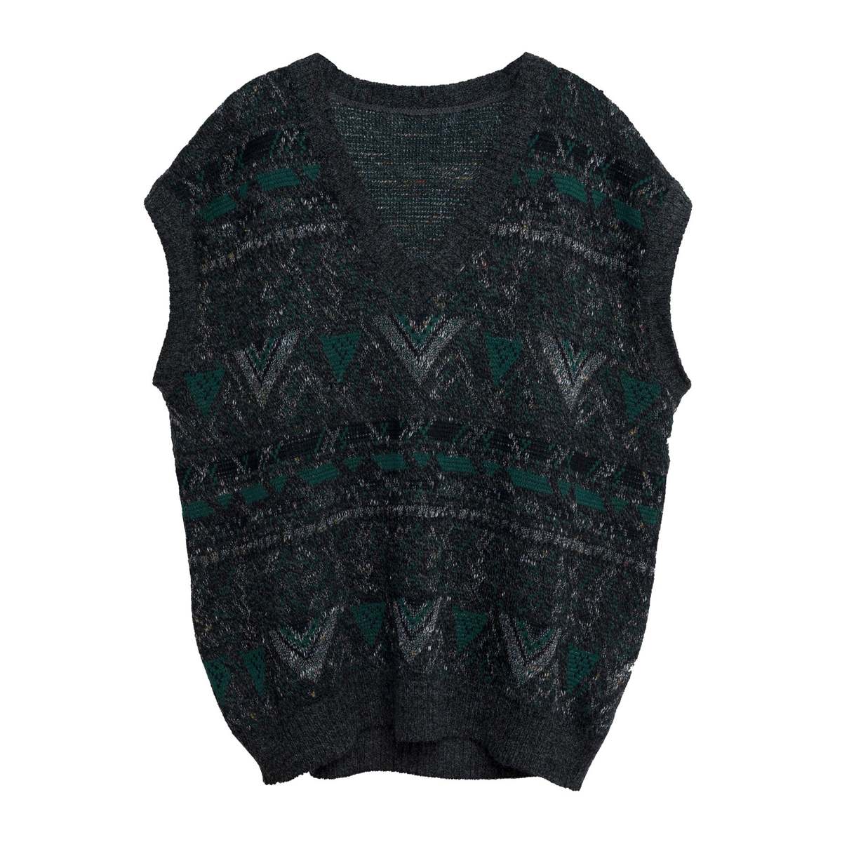 ? (West Germany) Jacquard Single Knit V-Neck Vest Emerald : XL - Image 1 of 7