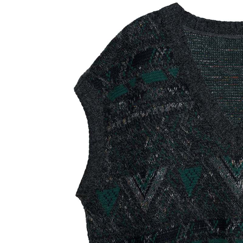 ? (West Germany) Jacquard Single Knit V-Neck Vest Emerald : XL