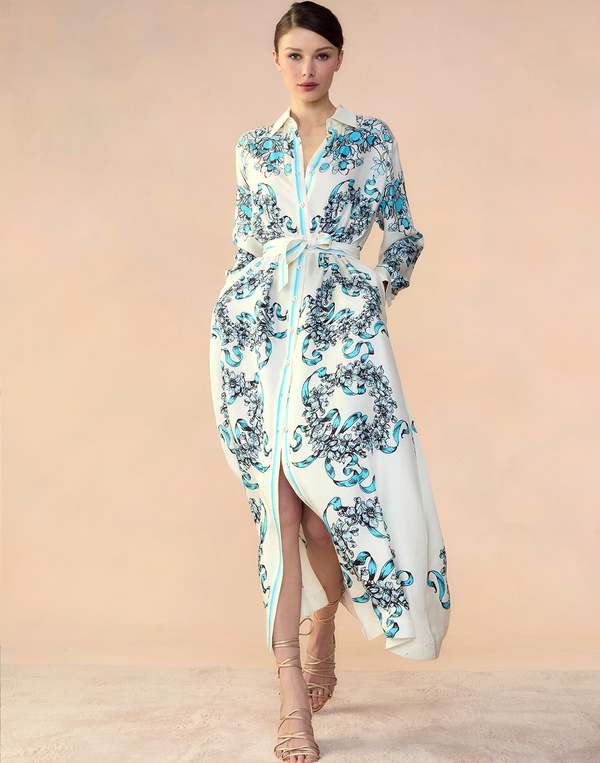 blue and white floral shirt dress Blue Floral Print Cotton Shirt Dress - Midi Dresses