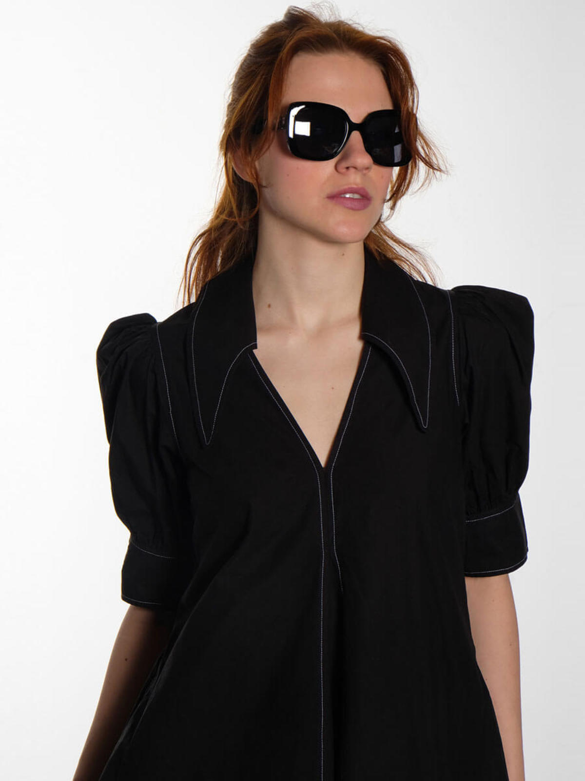 Cotton Poplin V-neck Midi Dress - Black | Garmentory