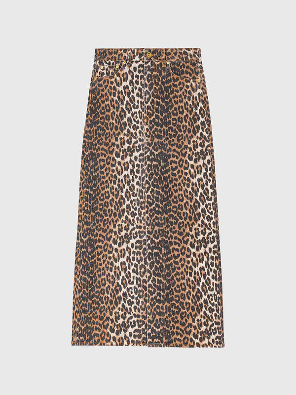 GANNI　Print Denim A-line Skirt Ganni Print Denim High Waist A-line Skirt in Big Leopard