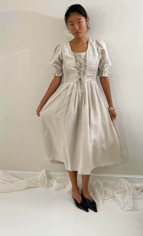 Vintage Linen Lace Up Puff Sleeve Dress | Garmentory Vintage Linen Lace Up Puff Sleeve Dress | Garmentory