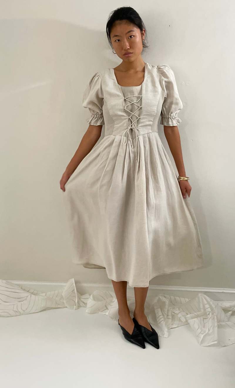 Vintage Linen Lace Up Puff Sleeve Dress | Garmentory
