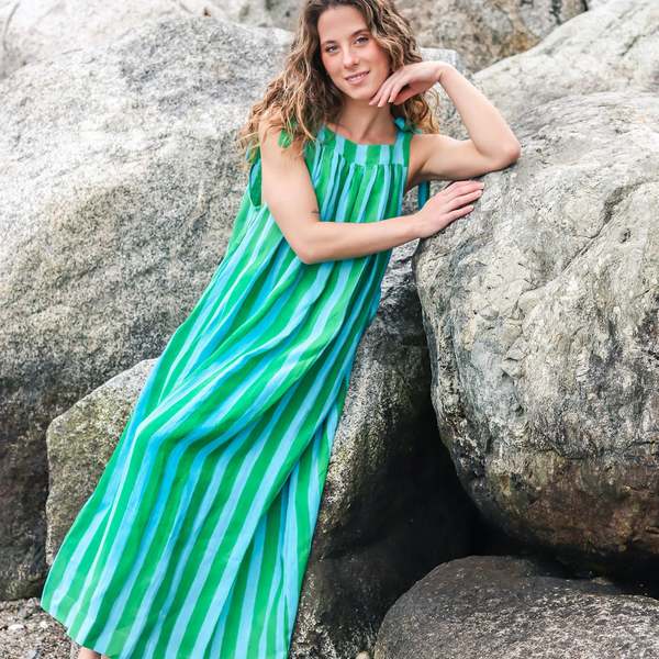 Kate Austin Designs Maxi Mimi Linen Sun Dress - Blue/Green Cabana Stripe on  Garmentory