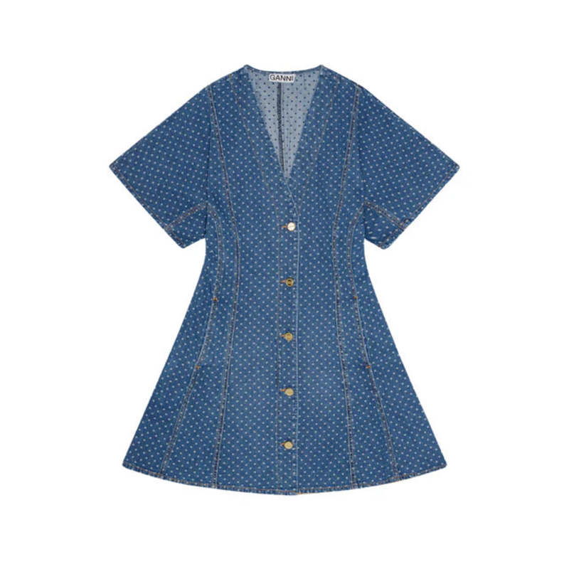 Ganni Light Jacquard Denim Mini Dress - Mid Blue Stone