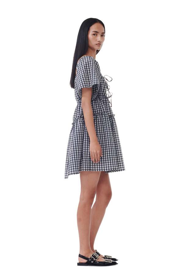 Ganni Seersucker Check Mini Layer Dress - Egret