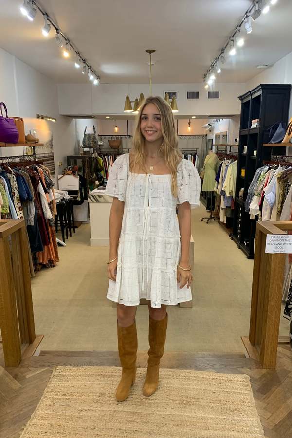 knee length dresses for ladies Ganni Broderie Anglaise Denim Mini Dress