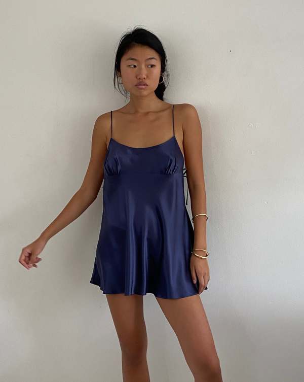 Vintage Y2k Silk Charmeuse Side Tie Mini Slip Dress Lingerie - Blue on Garmentory Vintage Y2k Silk Charmeuse Side Tie Mini Slip Dress Lingerie - Blue on Garmentory