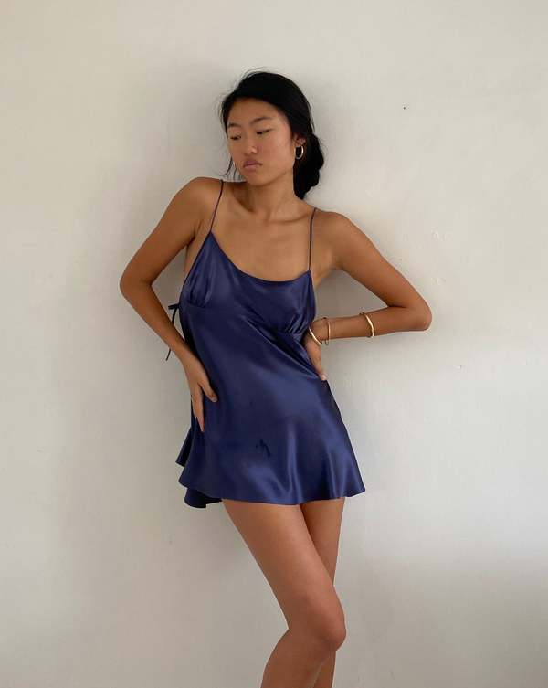 Vintage Y2k Silk Charmeuse Side Tie Mini Slip Dress Lingerie - Blue |  Garmentory