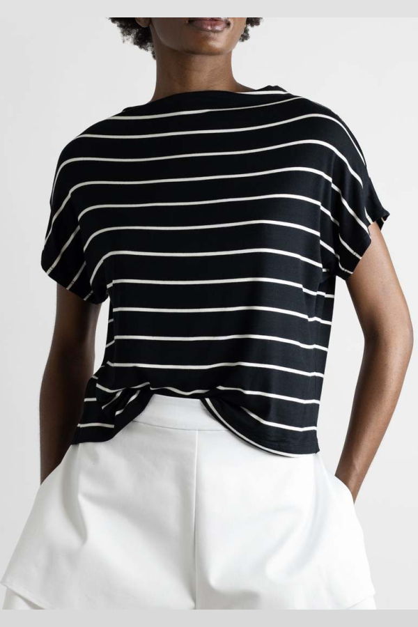 Meg Mock Neck Tee - Black/White Stripe