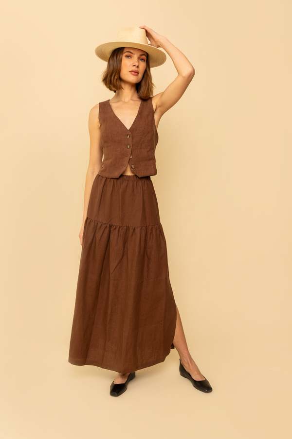 knee length dresses for ladies Chocolate Brown Double-Breasted Linen Dress | Stylish & Versatile