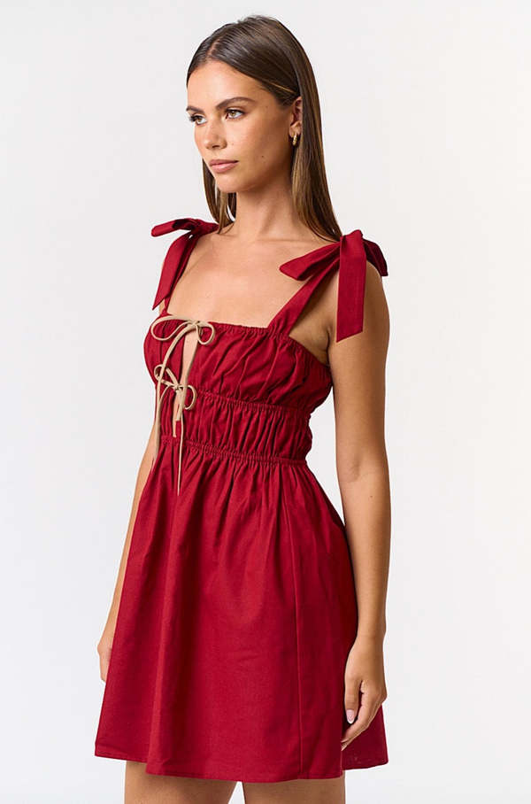 Blue Blush Linen Shoulder Tie Dress