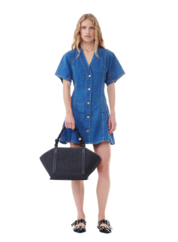 Ganni Denim Blue Puff Sleeve Mini Dress