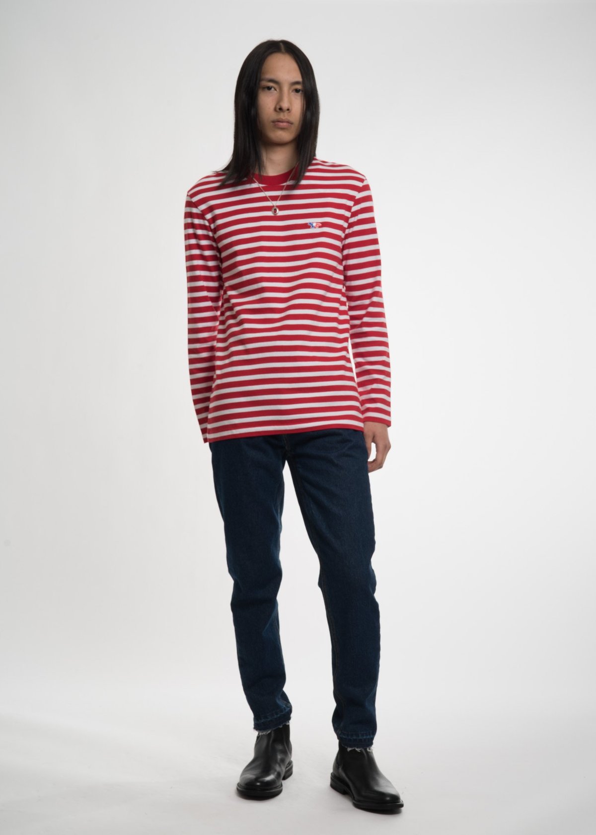Maison Kitsune Red & White Striped Long Sleeve T-Shirt | Garmentory