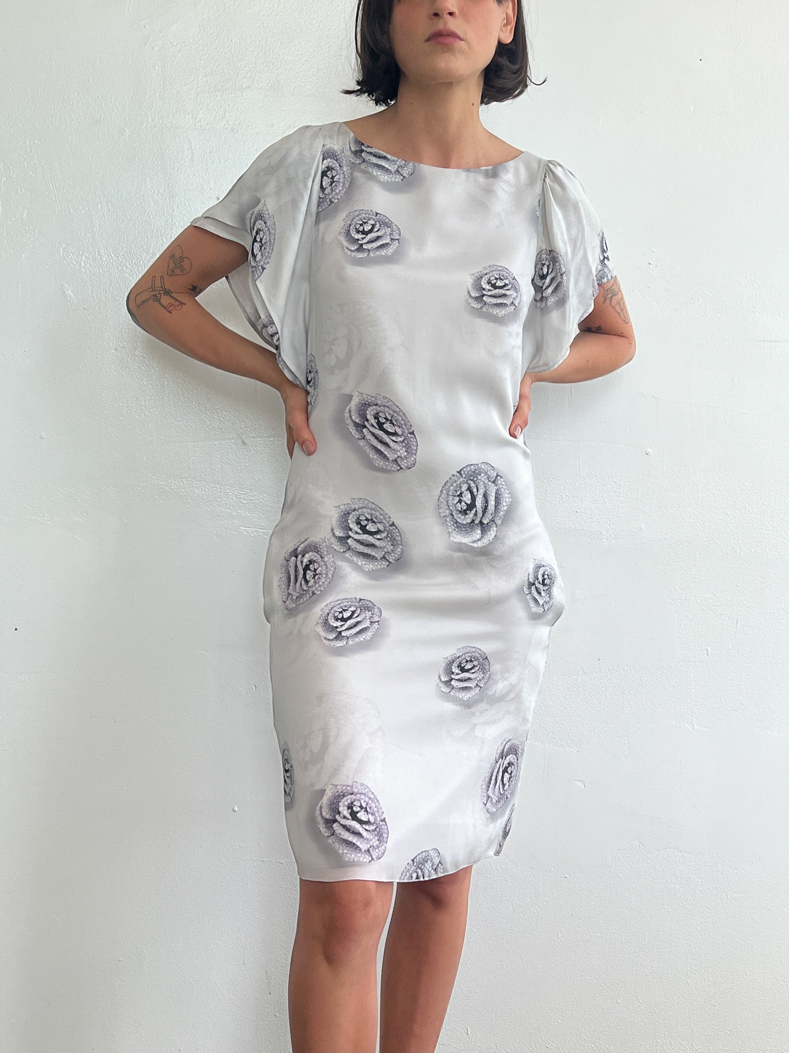 Vintage Armani Roses Silk Dress - Grayscale