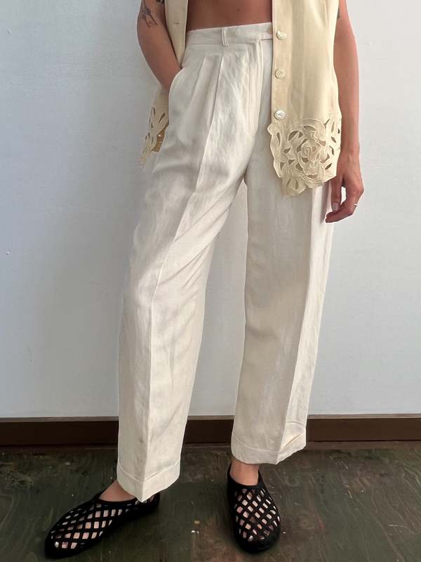 Vintage Linen + Silk Ralph Lauren Trousers - White | Garmentory