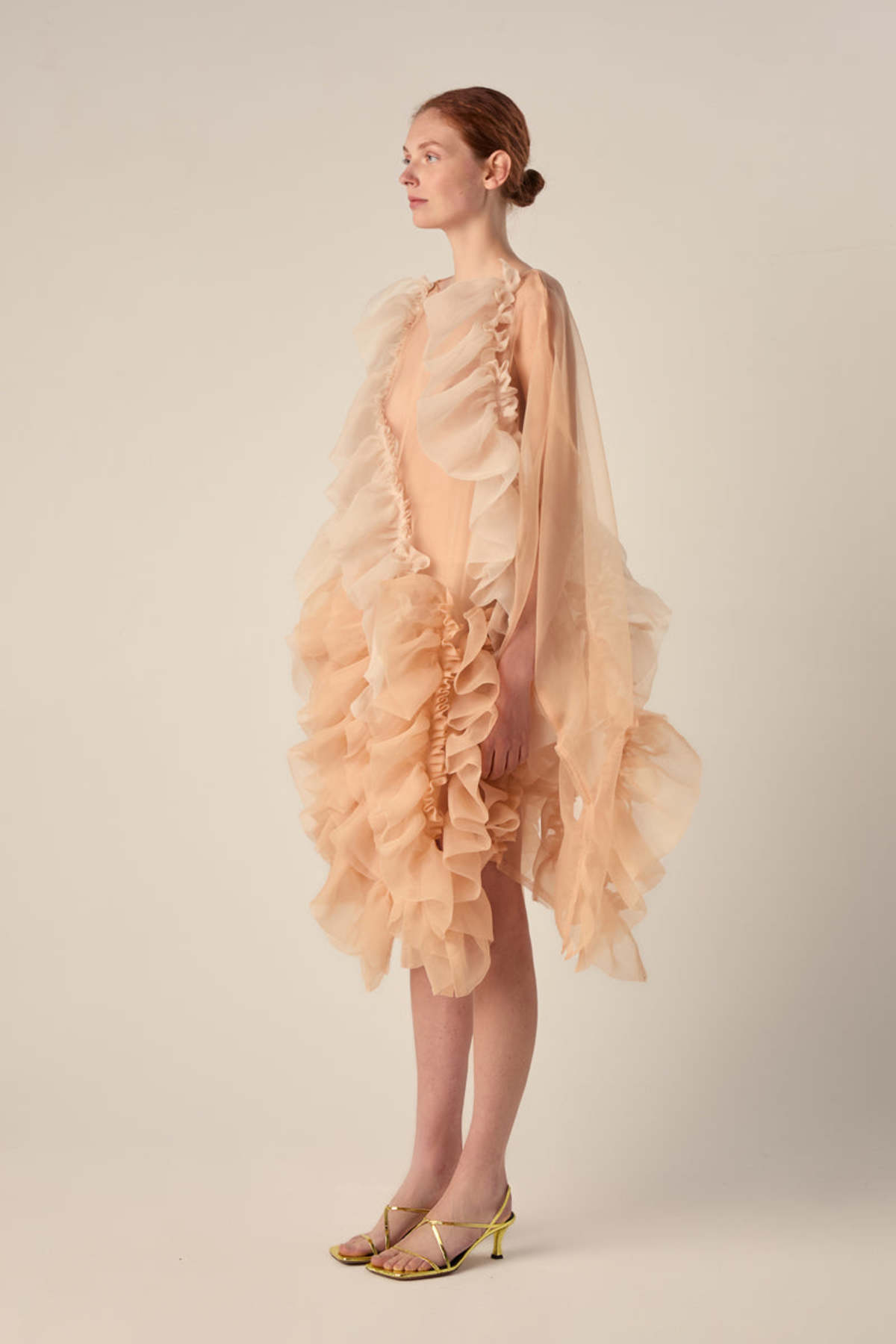 Transparent Sleeveless Midi Dress With Ruffles - Apricot