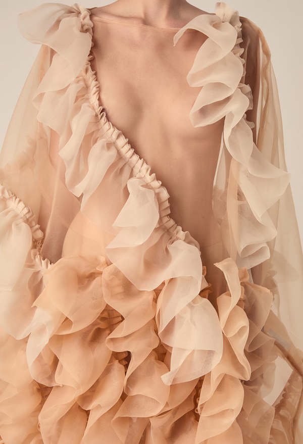 Transparent Sleeveless Midi Dress With Ruffles - Apricot