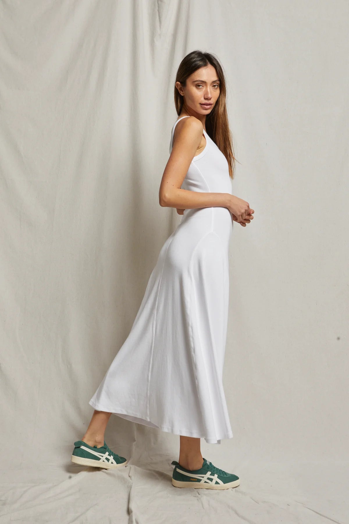 white maxi dress ribbed Silk Rib Maxi Dress