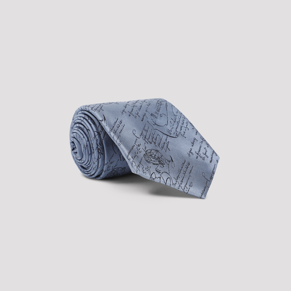Cravate En Soie Berluti Calligraphy - Bleu Clair - Italie - État Neuf (sans Emballage) - Modèle 7979AK