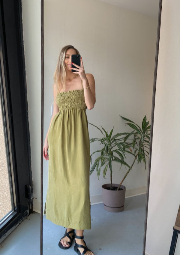 Modern Sunday Lace Up Cupro Midi Dress - Wasabi | Garmentory