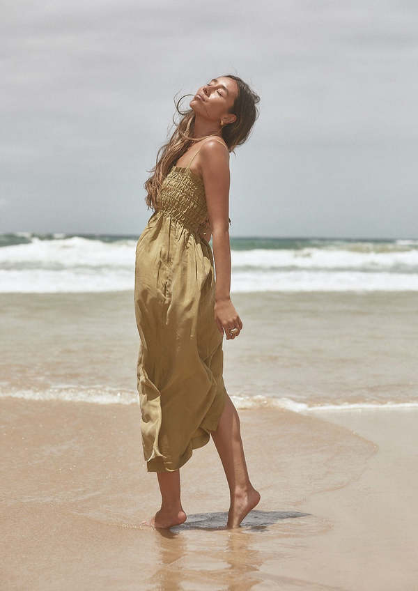 Modern Sunday Lace Up Cupro Midi Dress - Wasabi | Garmentory Modern Sunday Lace Up Cupro Midi Dress - Wasabi | Garmentory