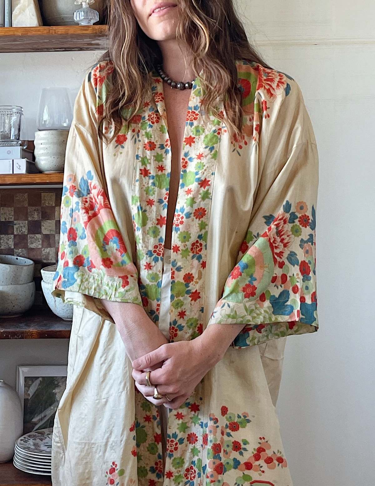 1920s Silk Pongee Kimono - Tan Bright Floral | Garmentory
