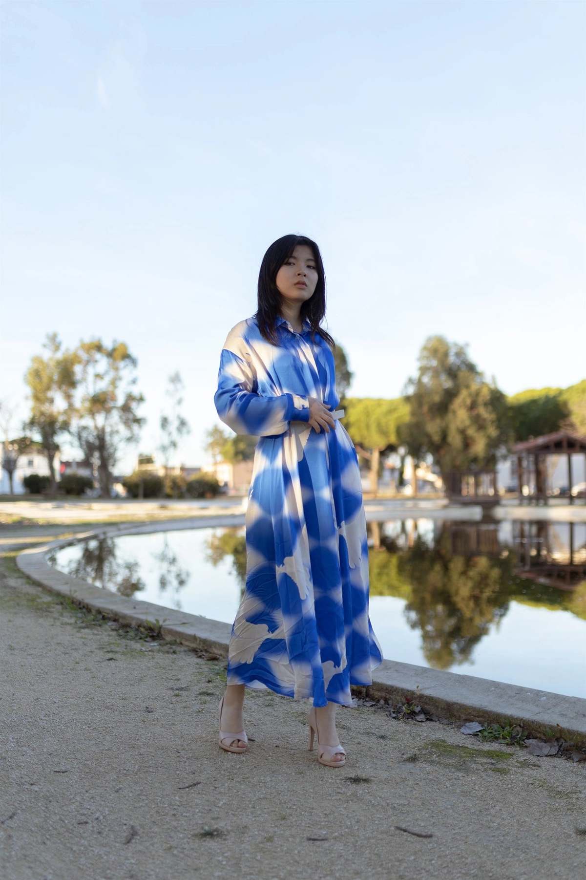 Cecile Wang Long Satin Viscose Dress - Electric Blue/Khaki | Garmentory