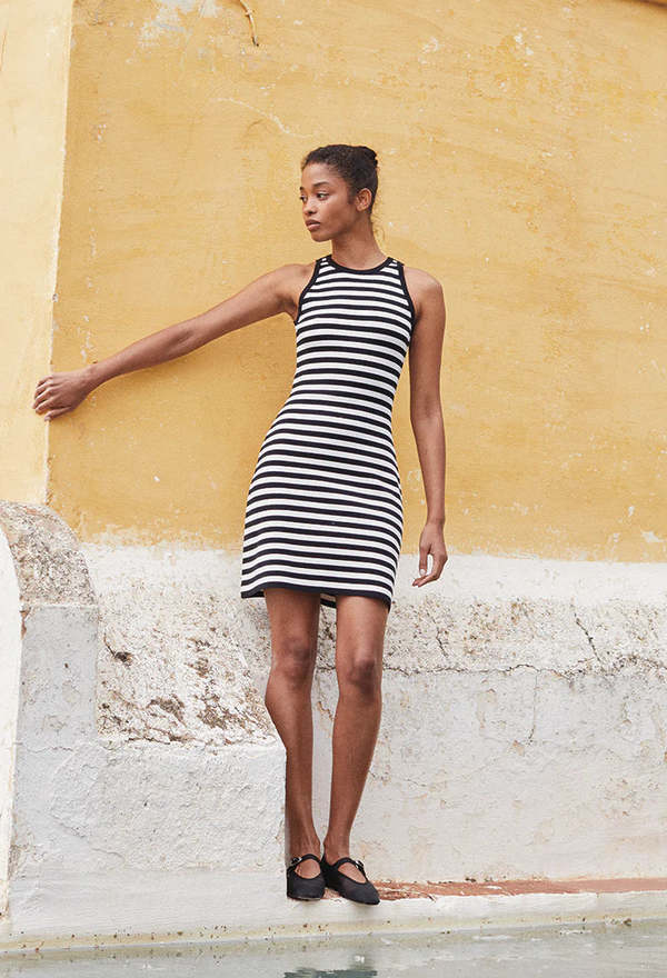ashley lauren black dress Black Striped Polka Dot Print Ruffled Hem V Neck Mini Dress Black / XL / 100%Polyester main image 0