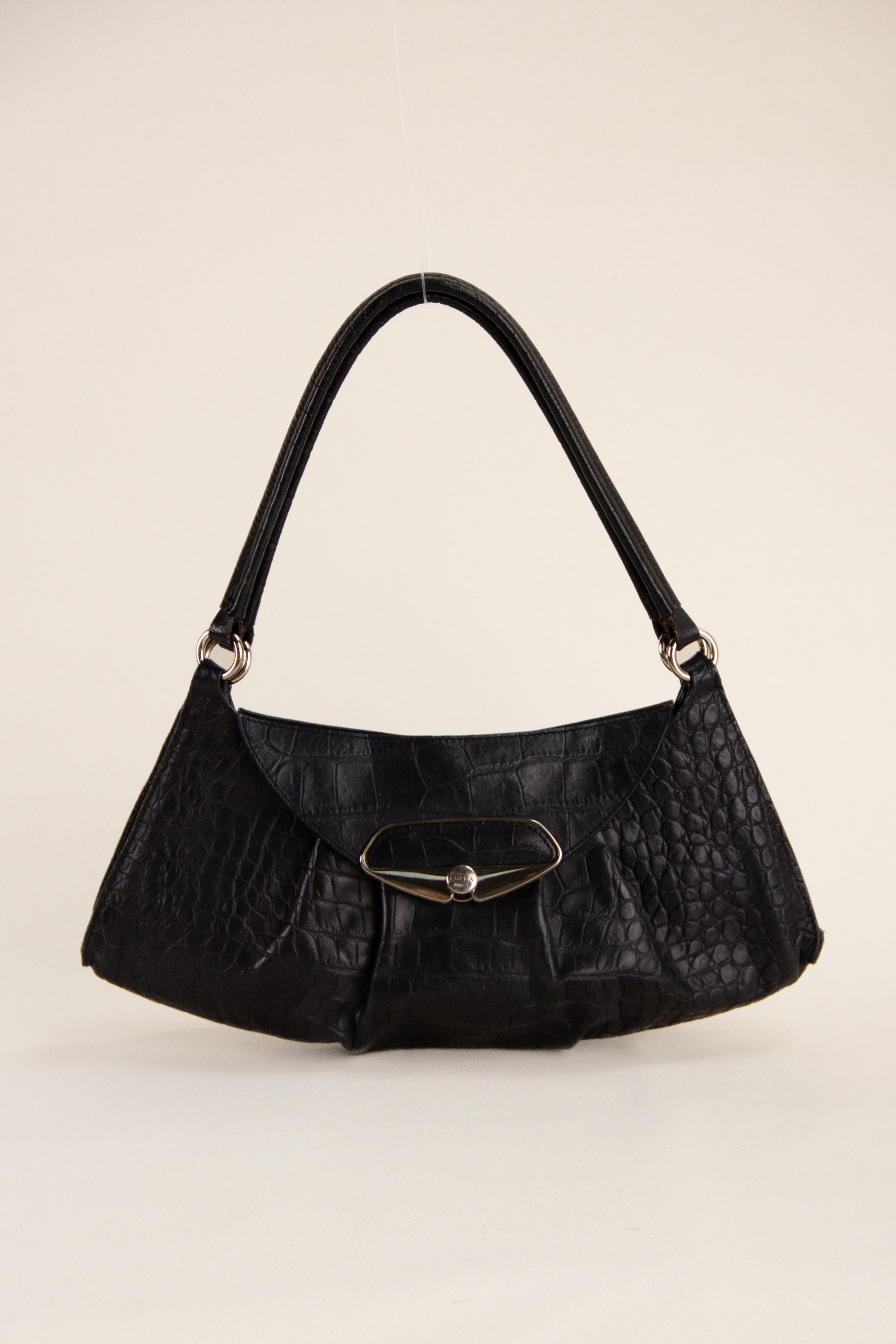Vintage Furla Croc Leather Shoulder Bag Black