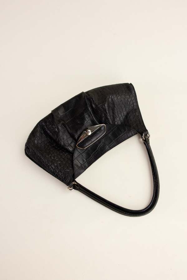 Vintage Furla Croc Leather Shoulder Bag Black on Garmentory