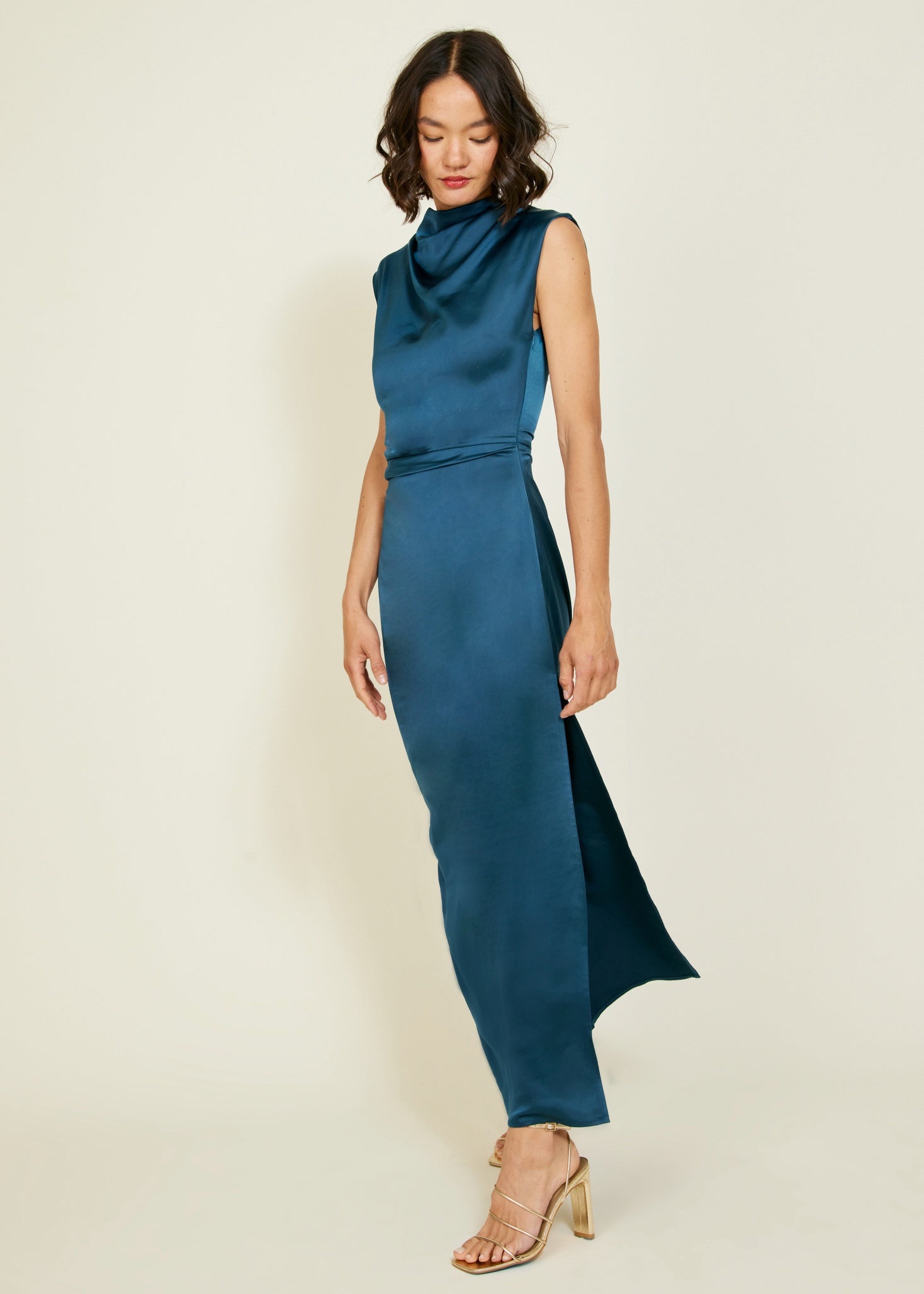 A-Line/Elegant Sleeveless High Neck Satin Beading Two Piece Prom Dresses main image 1