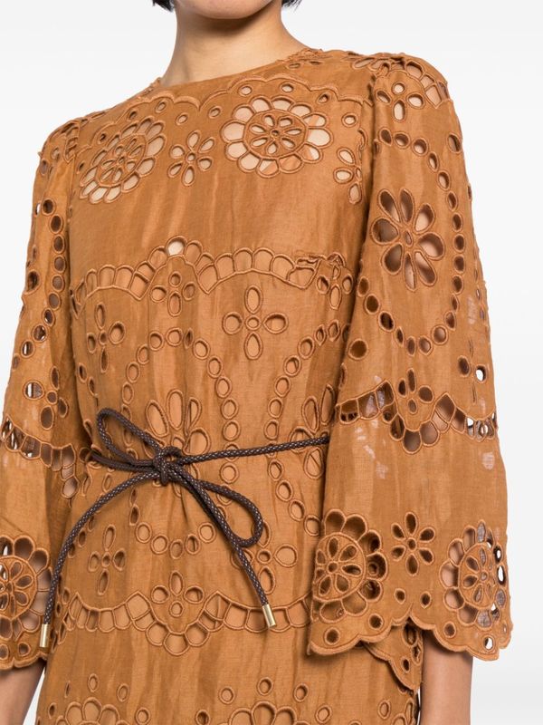 Zimmermann Pop Embroidered Midi Dress - Tan
