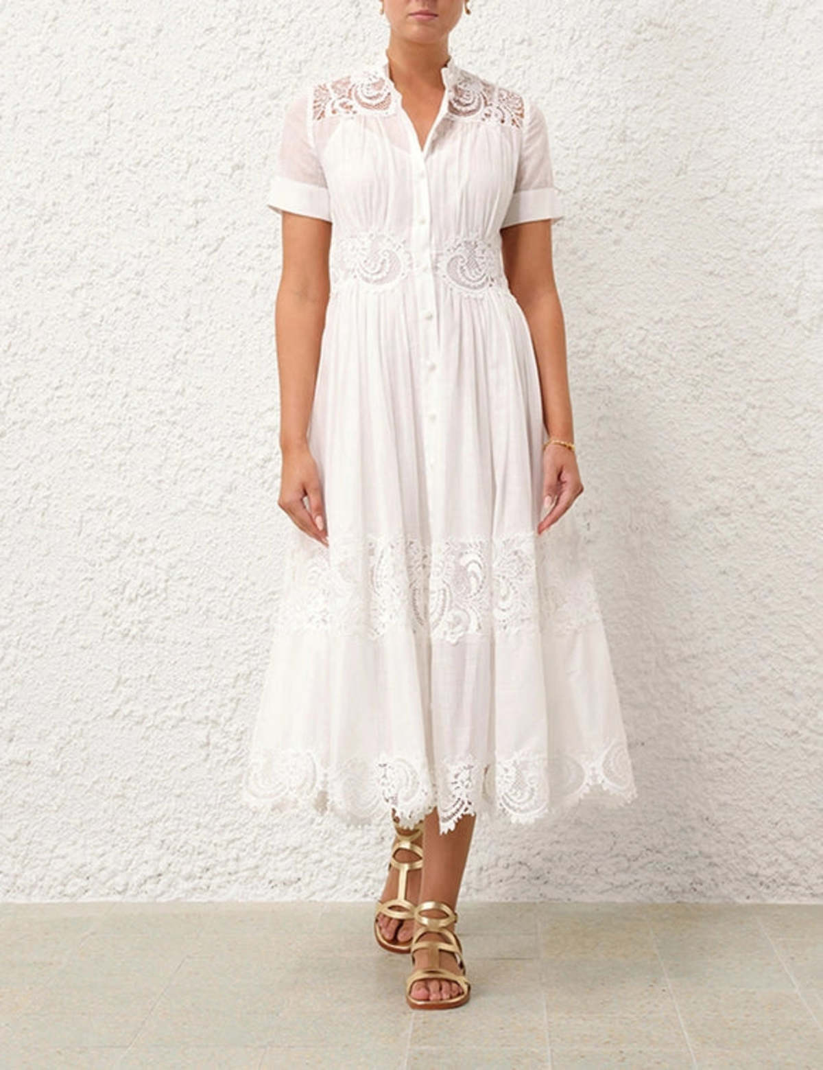 ワンピース ZIMMERMANN Woman Dress White 0981DRS252 IVO Zimmermann Pop Lace Trimmed Midi Dress - Ivory | Garmentory