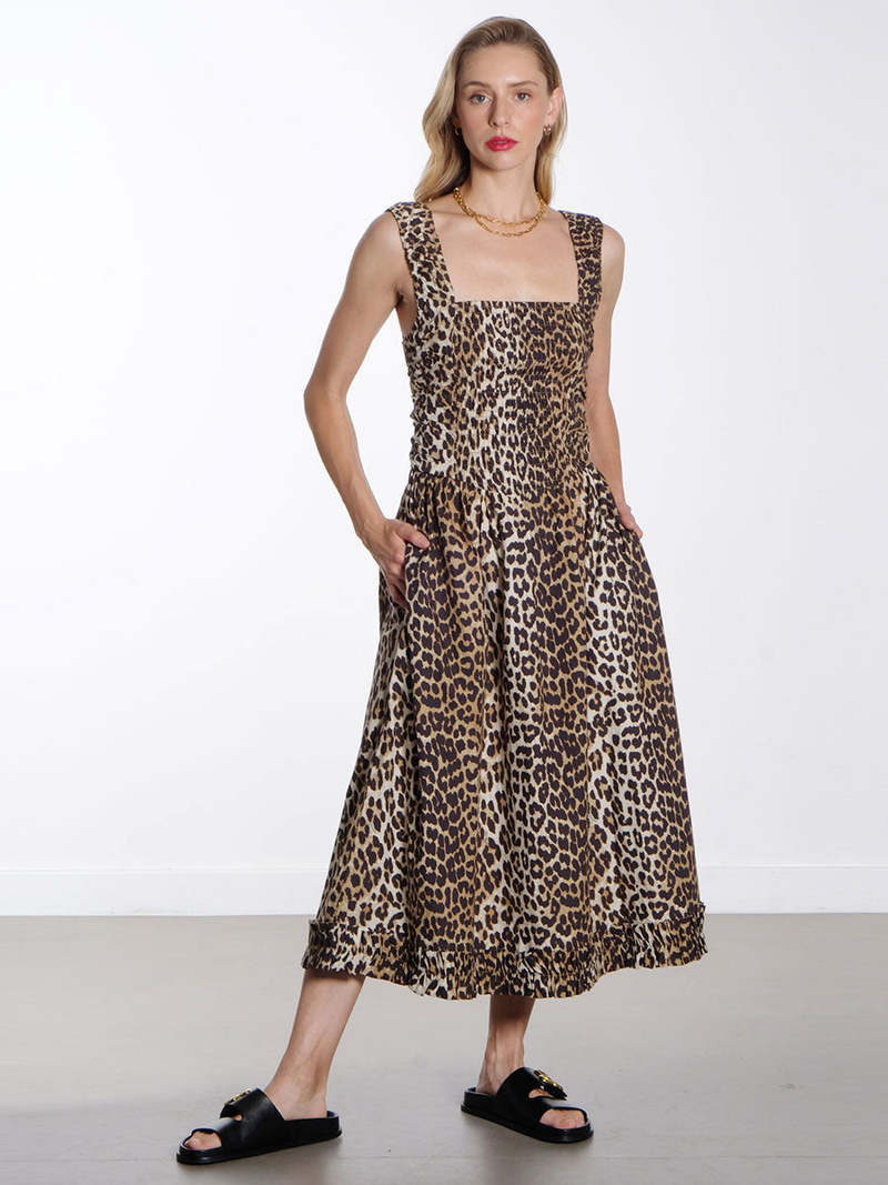 GANNI Midi Strap Smock Dress レオパード ワンピース Ganni Cotton Midi Strap Smock Dress - Leopard Print | Garmentory