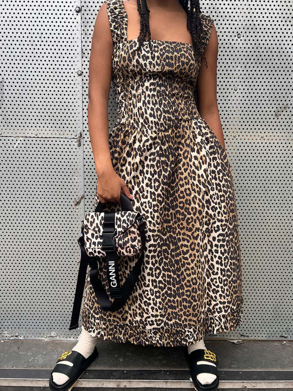 Ganni Cotton Midi Strap Smock Dress - Leopard Print | Garmentory Ganni Cotton Midi Strap Smock Dress - Leopard Print | Garmentory