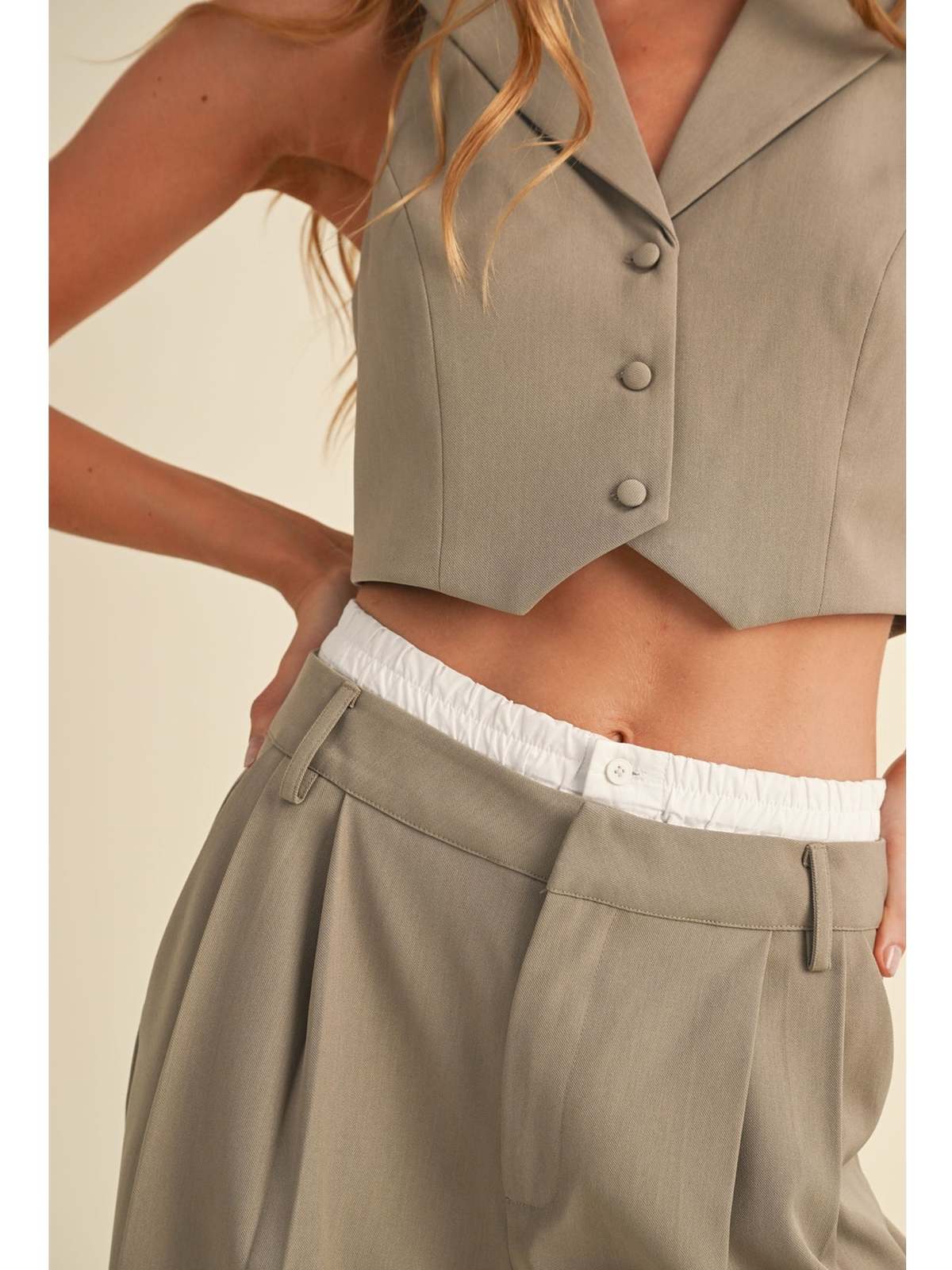 Mable Connie Vest and Contrast Waistband Wide Leg Trouser Set - Mocha ...