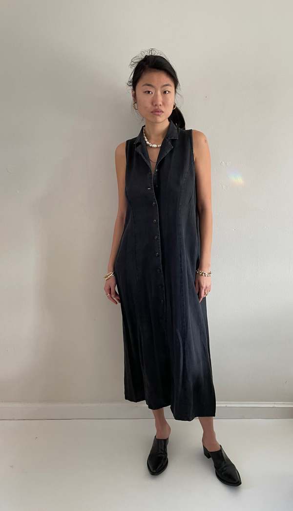 90s linen dress Vintage 90s 100% Linen Maxi Sleeveless Shirt Dress