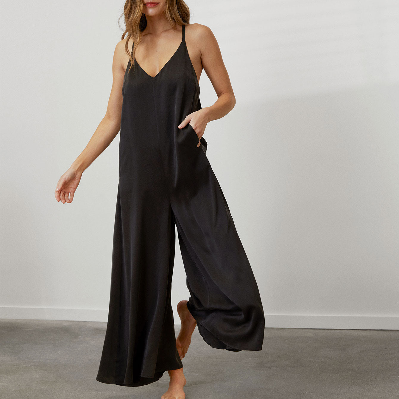 Lunya Washable Silk Elastic Strap Jumpsuit - Immersed Black