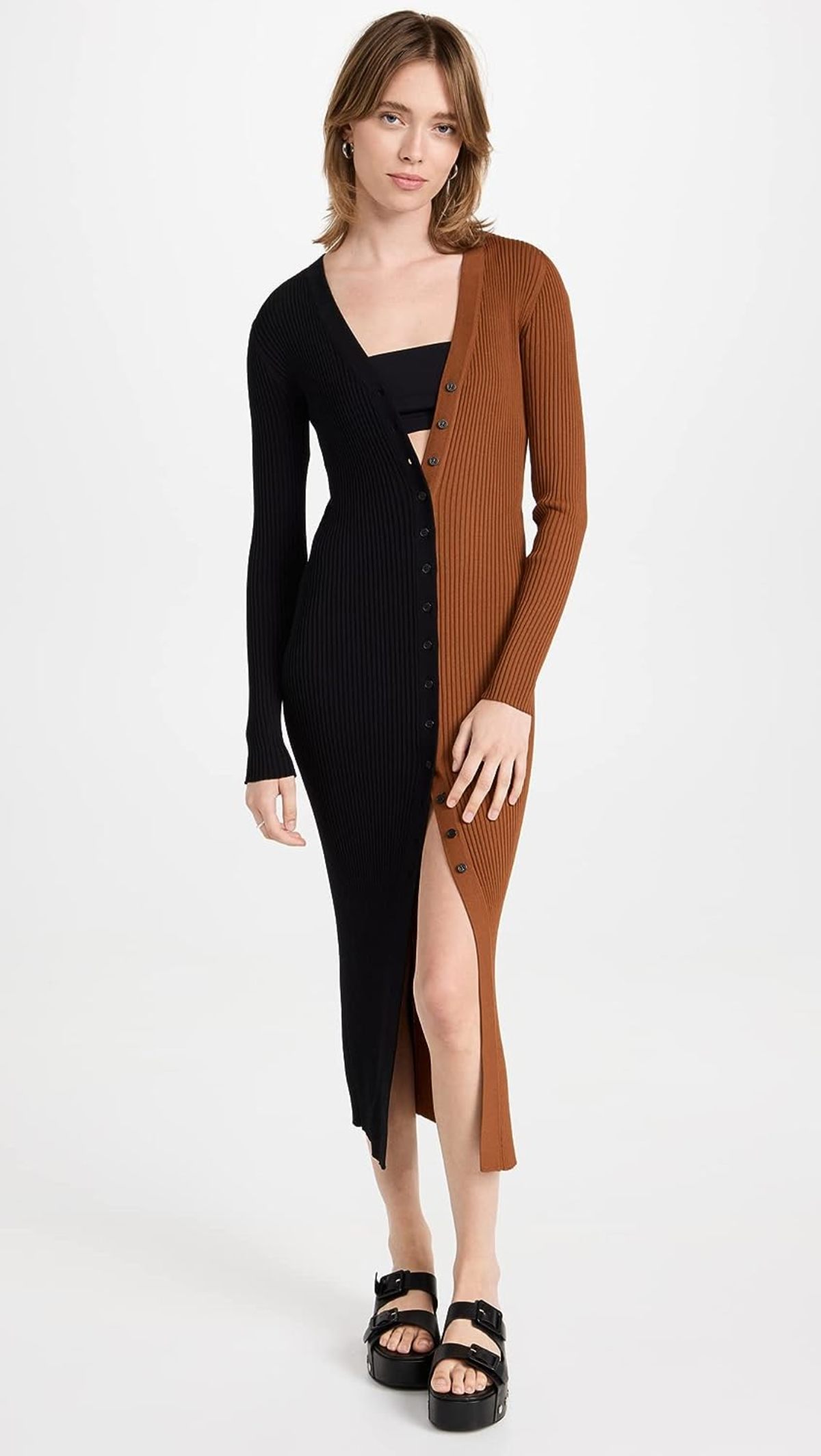 staud brown sweater dress STAUD Marylebone Brown Tan Balloon Long Sleeve Knit Mini Bodycon Sweater  Dress M