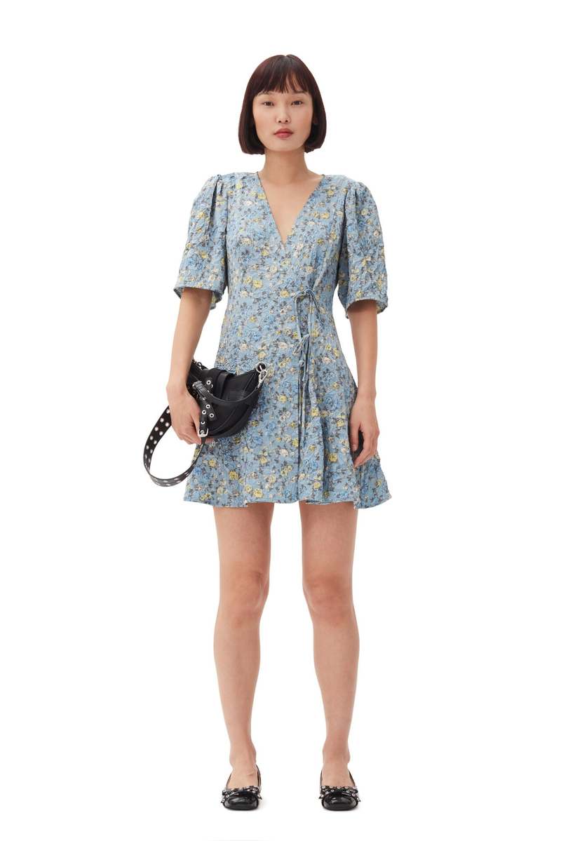 【GANNI】dress Glacier Lake Blue Floral Printed Cotton Long Smock Dress